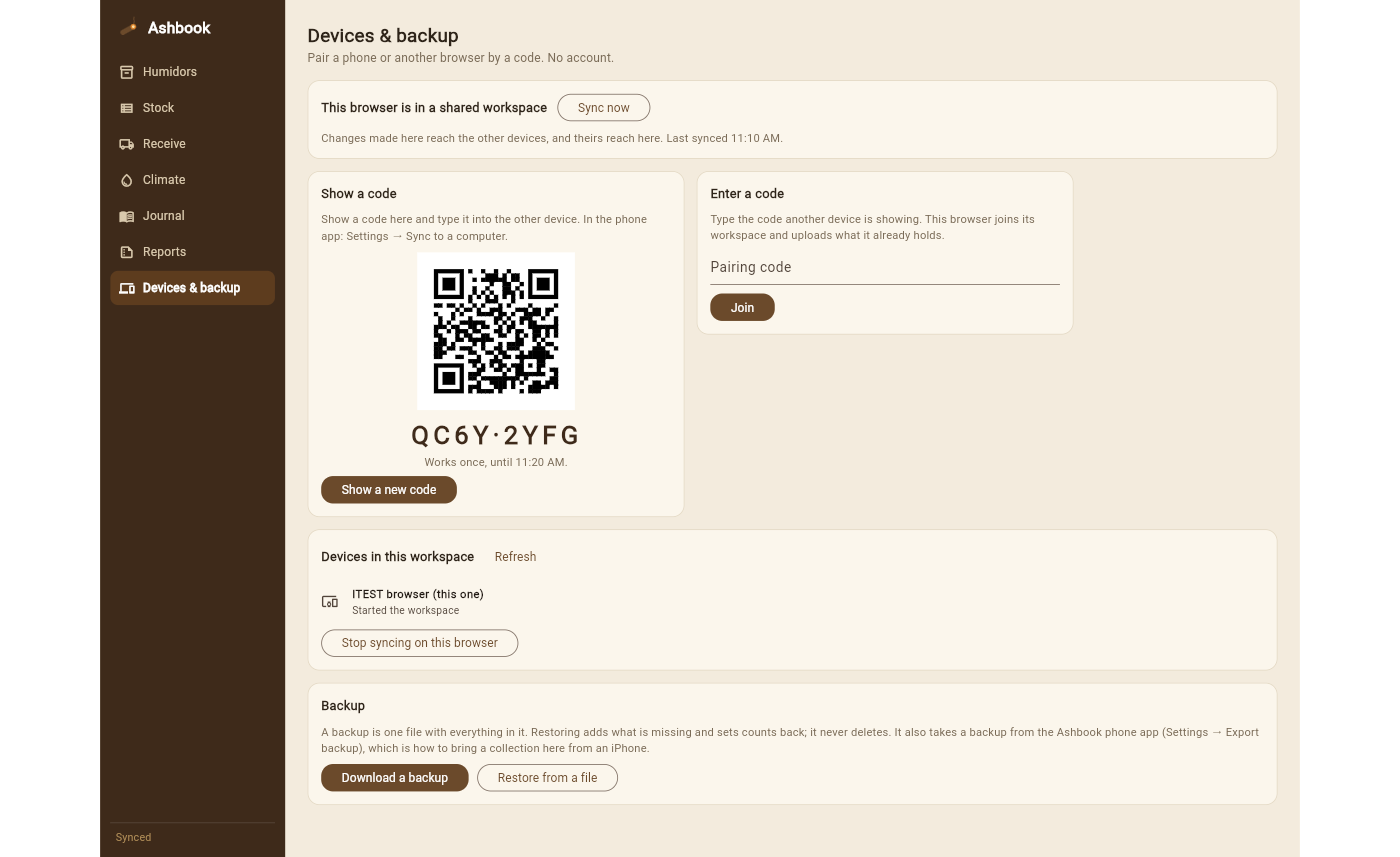 The Devices and backup page showing a pairing code and QR, and the backup buttons
