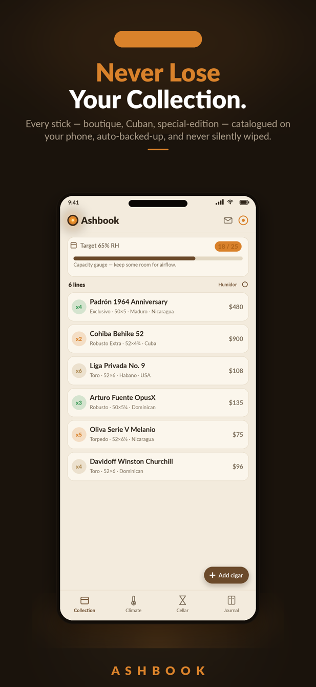 The Ashbook phone app's collection screen
