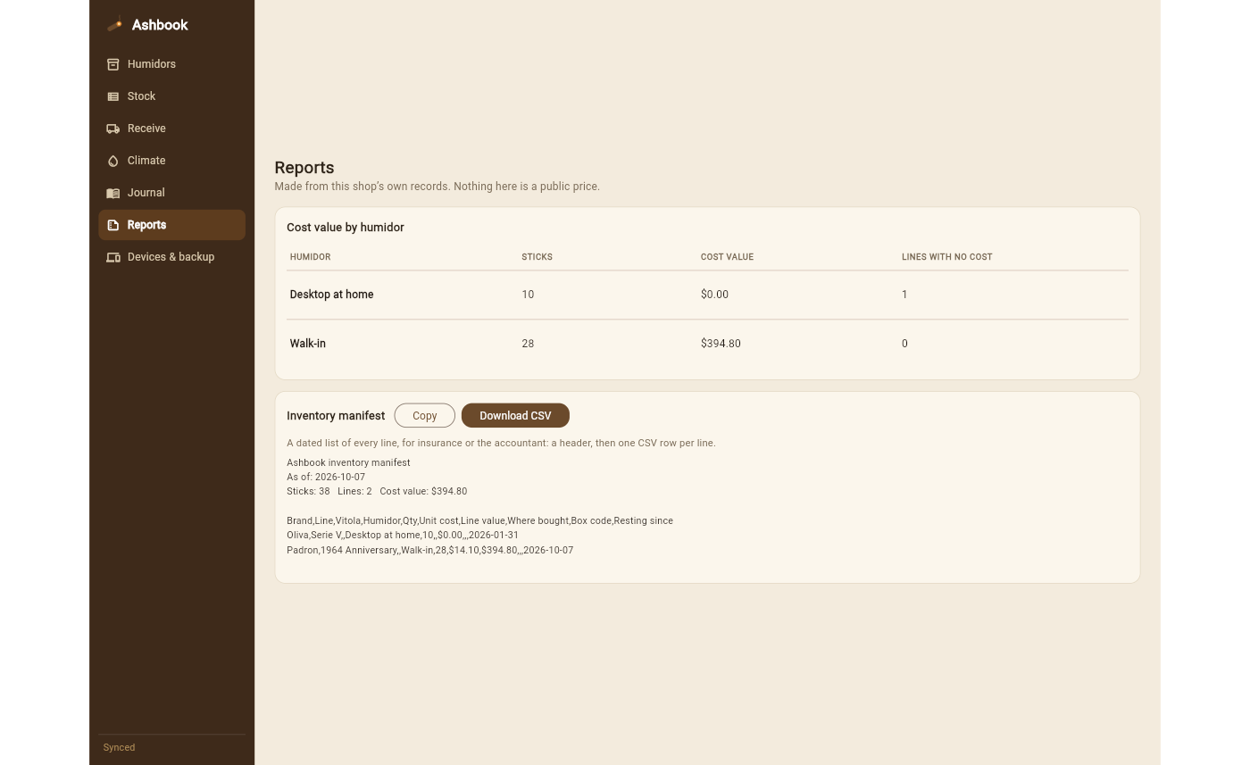 The Reports page: cost value by humidor and the inventory manifest as CSV text with Copy and Download buttons